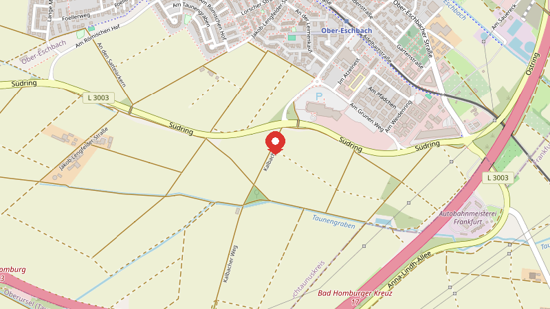 Karte: Kalbacher Staße auf den Parkplatz Impfzentrum abbiegen und über die Brücke fahren , 61352 Bad Homburg